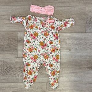 Mud Pie Baby Girl Pink Floral Footie + Bow Headband 3-6 Months